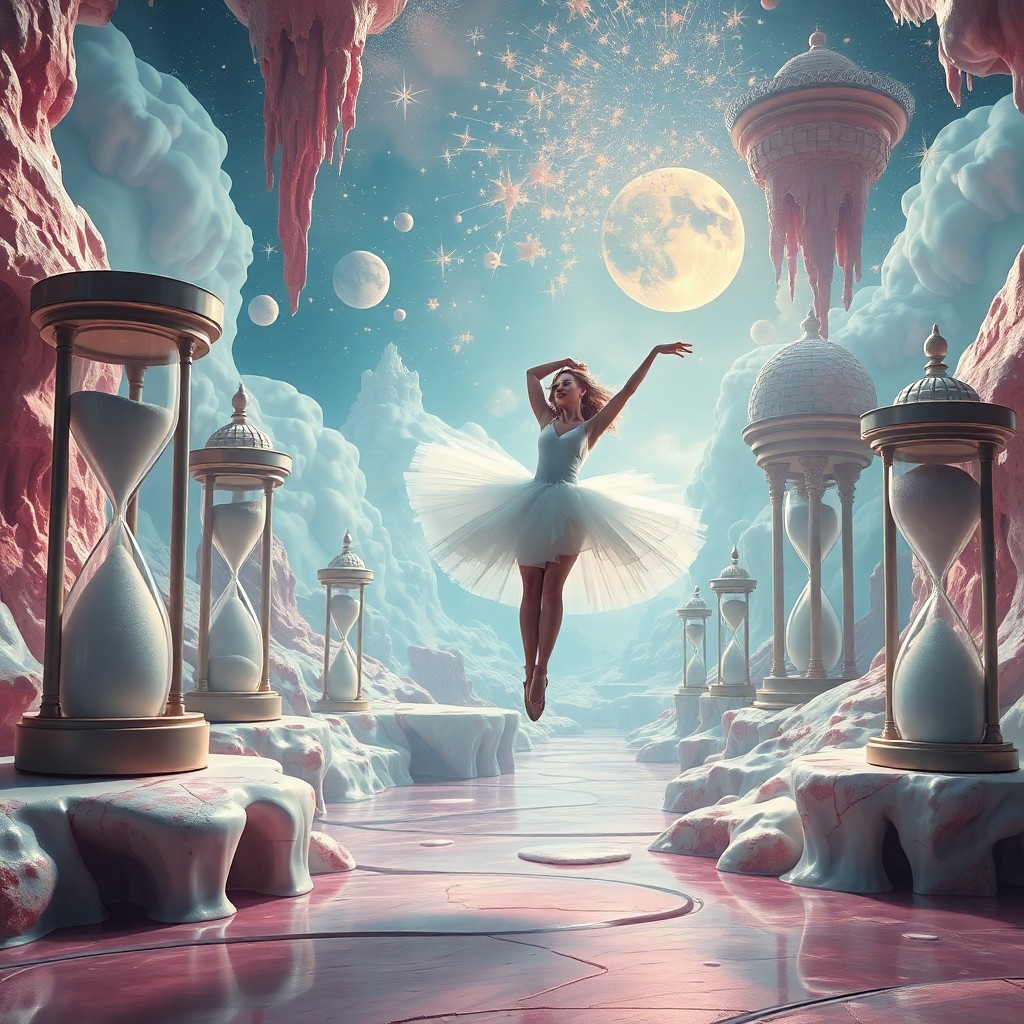 AI generated art for prompt: Craft an enchanting image in the surrealistic style, showcasing a celestial ballet unfolding within 