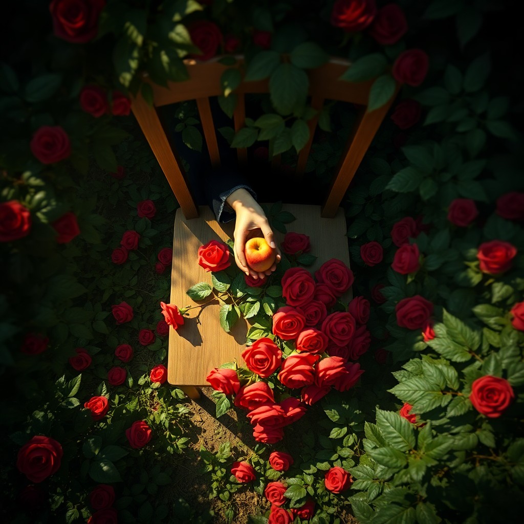 AI generated art for prompt: A surreal digital artwork unveils an enigmatic scene from a bird's eye view, featuring a lush garden