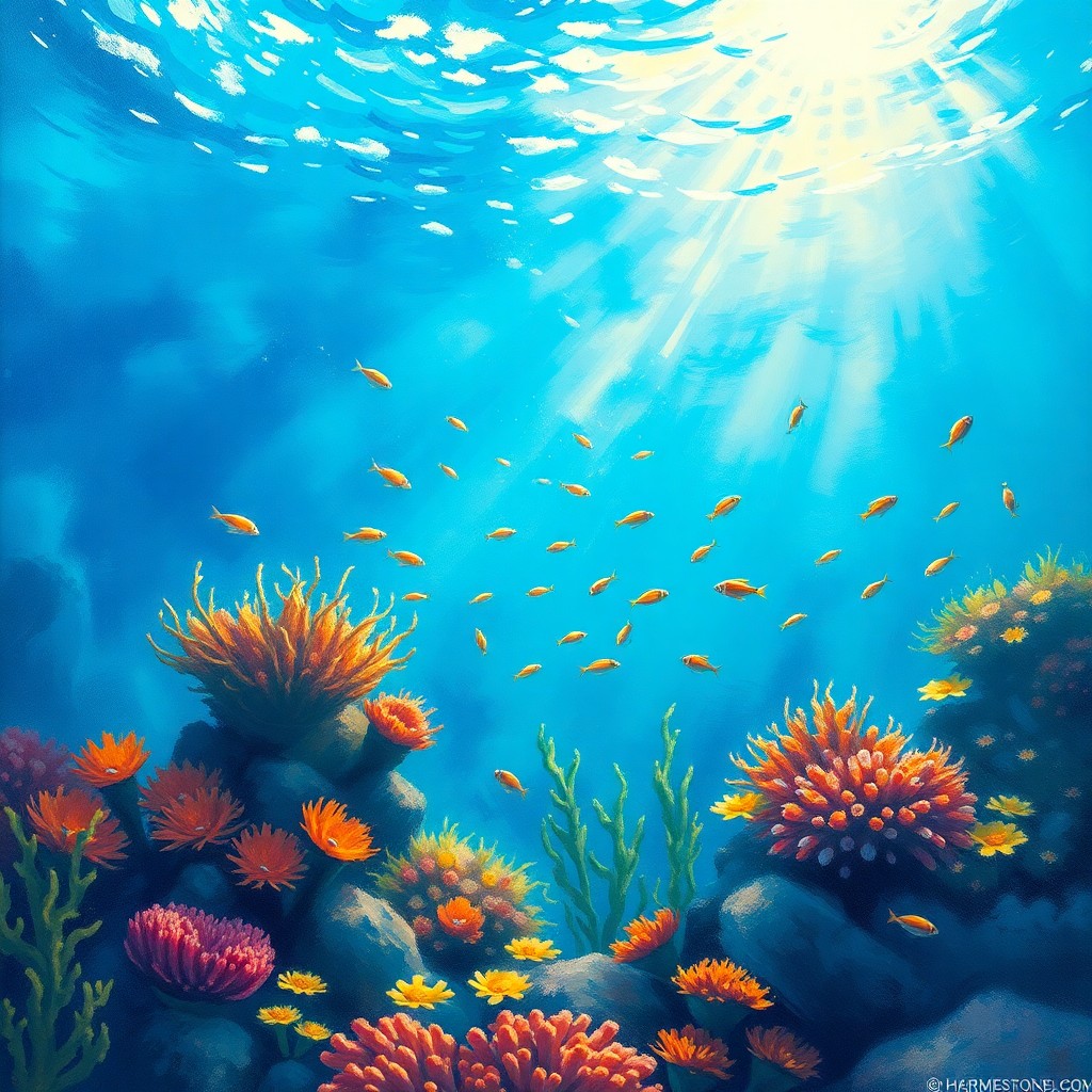 AI generated art for prompt: A captivating underwater scene emerges in an imaginative impressionistic style, reminiscent of Herme