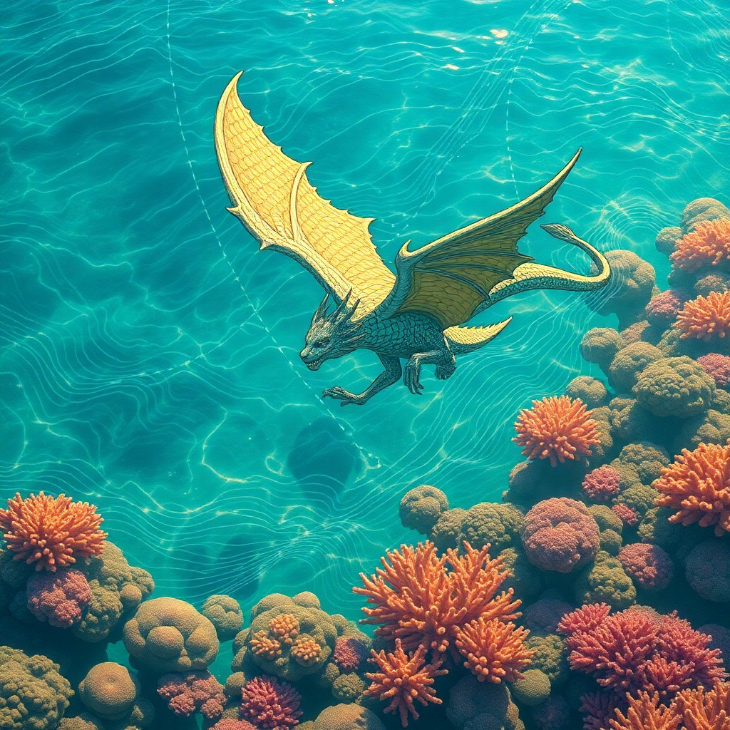 AI generated art for prompt: An exquisite digital piece showcases a mythical creature soaring above an enchanting coral reef, rem