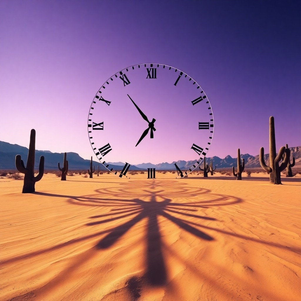 AI generated art for prompt: Imagine a surreal desert landscape where an enormous clock face dominates the barren terrain, its ha