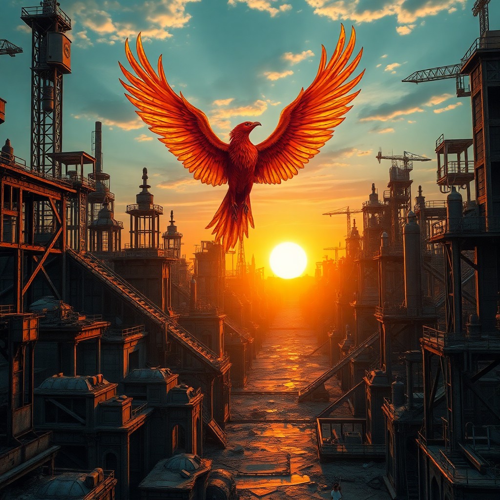 AI generated art for prompt: A majestic phoenix ascends from the ruins of an abandoned steampunk metropolis at dusk, embodied in 