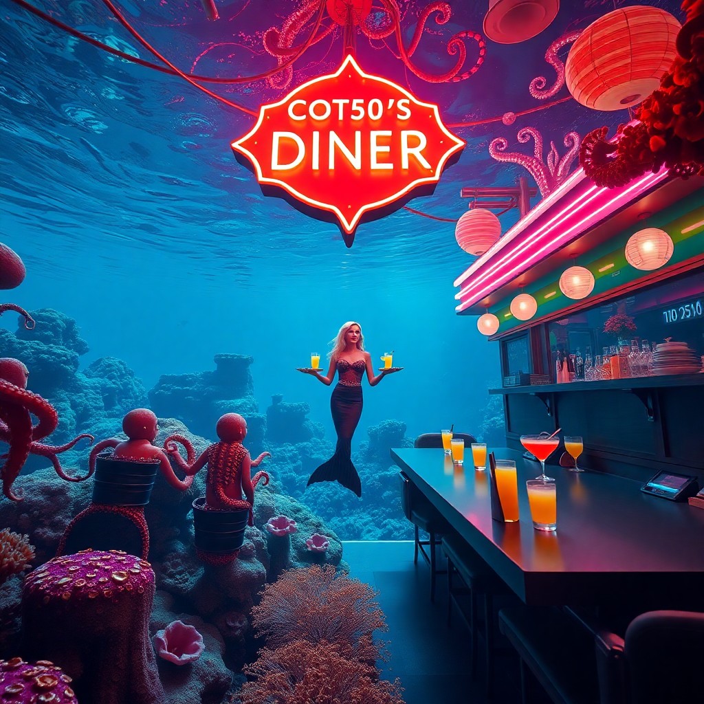 AI generated art for prompt: A surreal underwater scene merges a lively 1950s diner with an enchanting coral reef, creating a whi