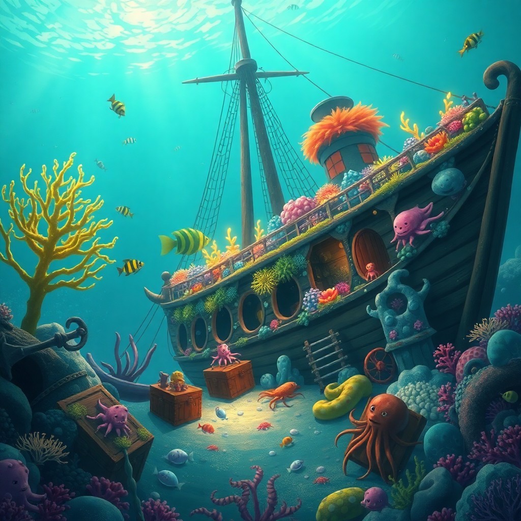 AI generated art for prompt: Craft an enchanting underwater scene in the whimsical style reminiscent of Studio Ghibli, featuring 