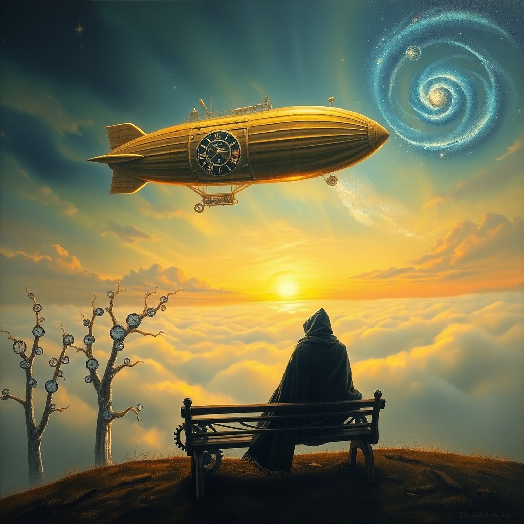 AI generated art for prompt: A surreal oil painting capturing an otherworldly scene features a steam-powered airship suspended in