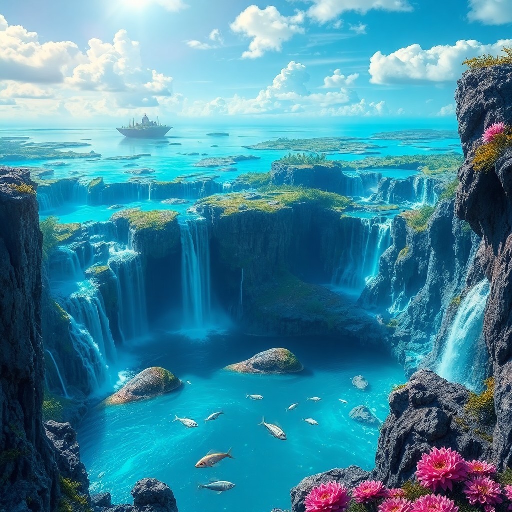 AI generated art for prompt: Imagine a surreal landscape with intricate waterfalls cascading into tranquil pools below, shimmerin