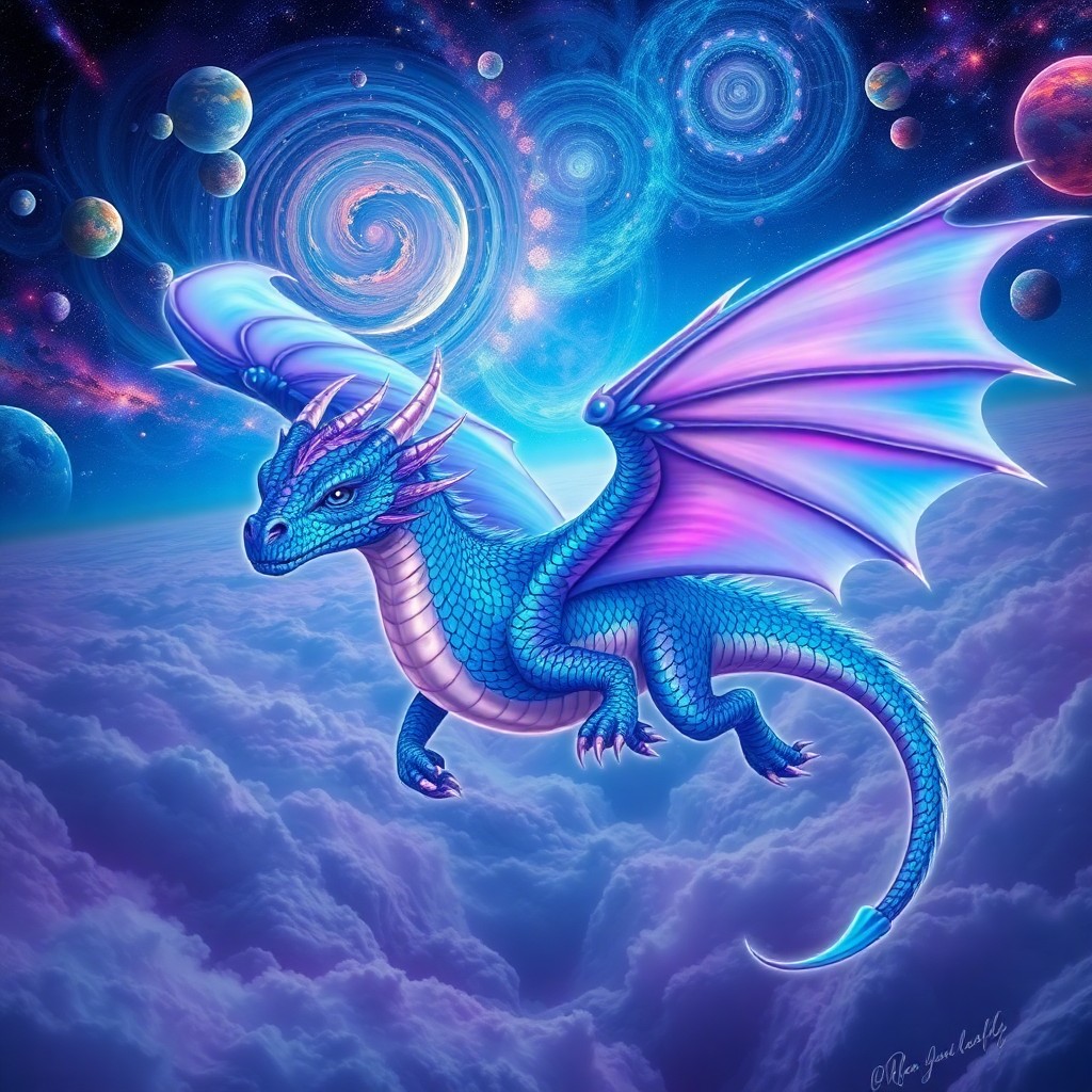 AI generated art for prompt: A majestic dragon in electric blue and purple scales soars through an otherworldly sky filled with s