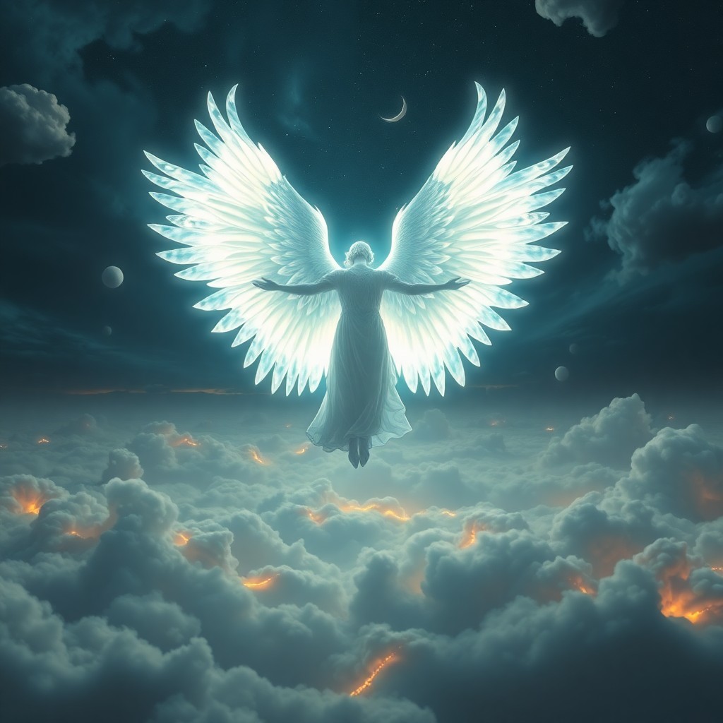 AI generated art for prompt: An ethereal angel with luminescent wings unfurls across a surreal dreamscape, viewed from an uncommo