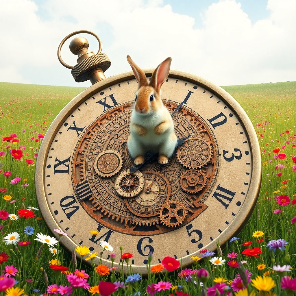 AI generated art for prompt: A whimsical scene captures a tiny, fluffy bunny peacefully sitting atop an oversized timepiece in a 