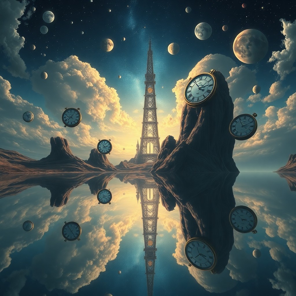 AI generated art for prompt: A surreal digital painting depicting an otherworldly landscape with a colossal tower emerging from t