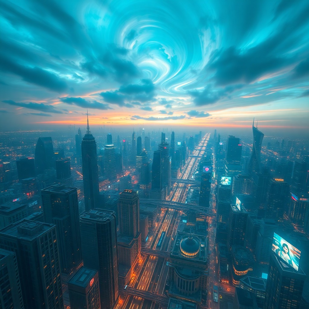 AI generated art for prompt: A futuristic digital art piece showcases an awe-inspiring aerial view of a sprawling metropolis at d