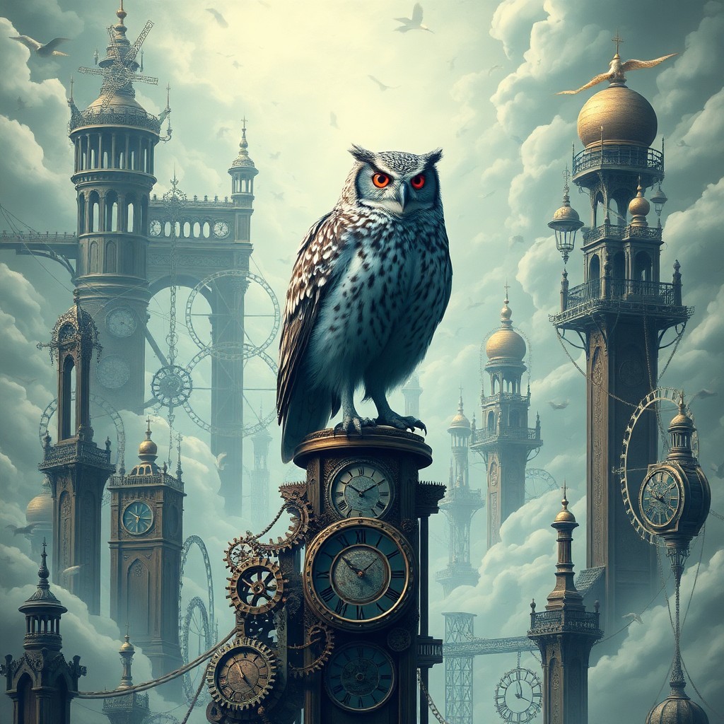 AI generated art for prompt: A surreal digital art portrait depicting an ancient owl perched atop a towering clockwork structure,