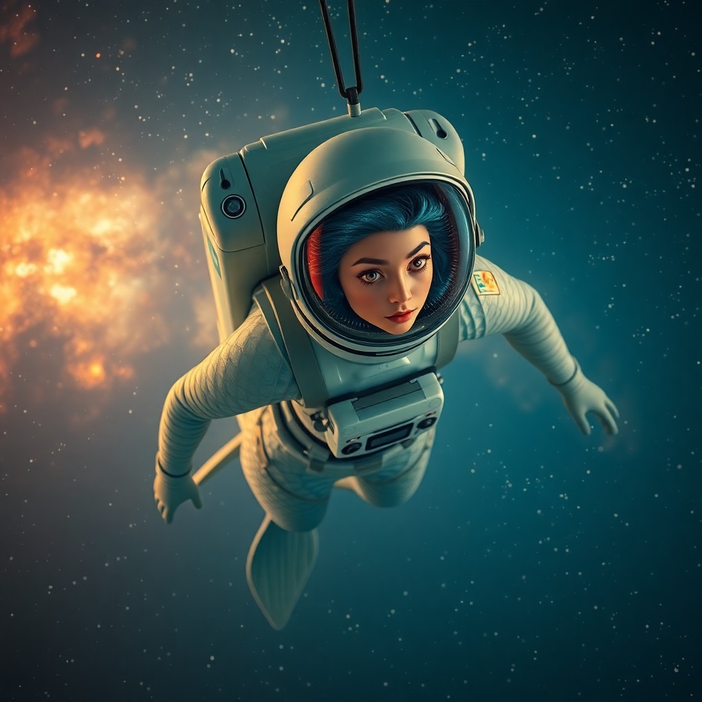 AI generated art for prompt: A surreal portrait depicting an astronaut mermaid suspended mid-flight in a cosmic ocean, her sleek 