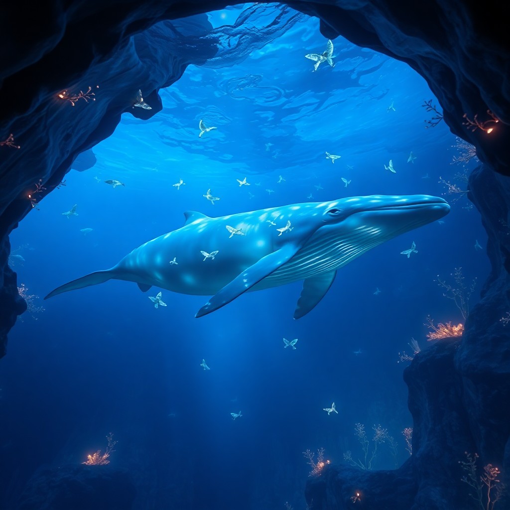 AI generated art for prompt: A tranquil underwater scene showcases an awe-inspiring whale gliding gracefully through an otherworl