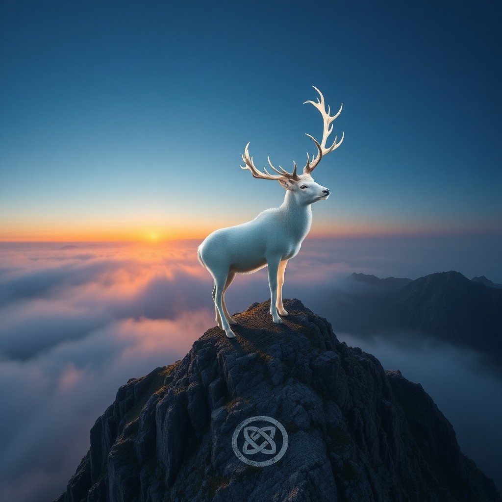 AI generated art for prompt: A majestic white stag stands atop a misty mountain peak, its antlers adorned with intricate knotwork