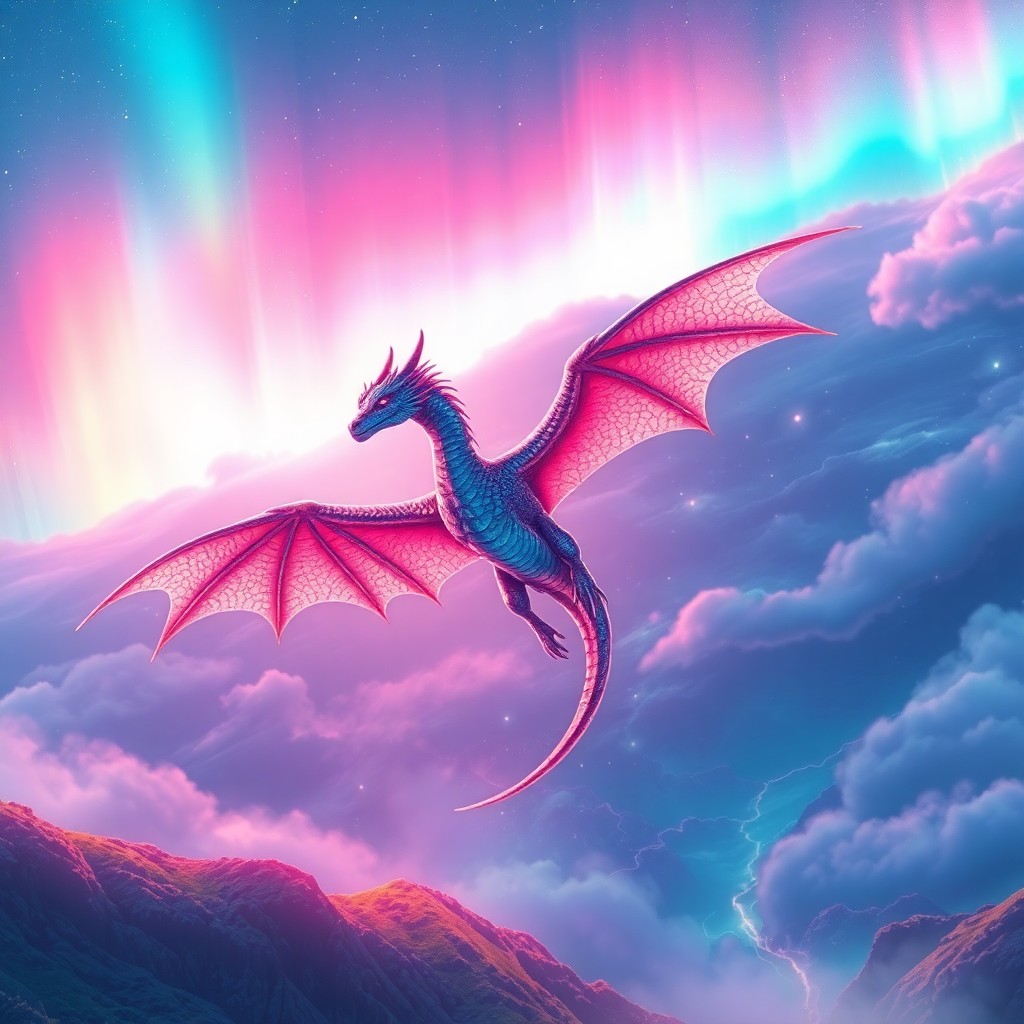 AI generated art for prompt: A mesmerizing digital art composition depicts an ethereal dragon gracefully soaring through a lumino