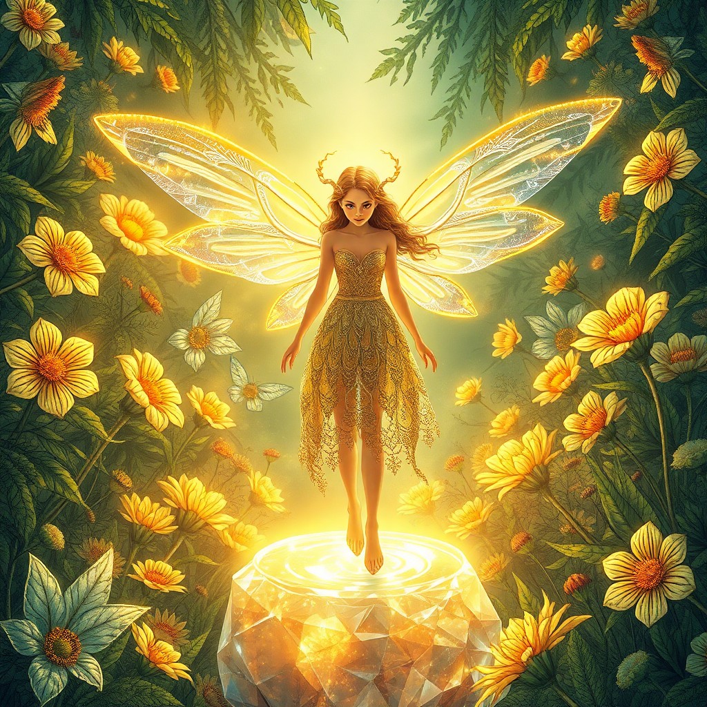 AI generated art for prompt: A digital artwork captures the enigmatic allure of an ethereal fairy standing on a glowing crystal p