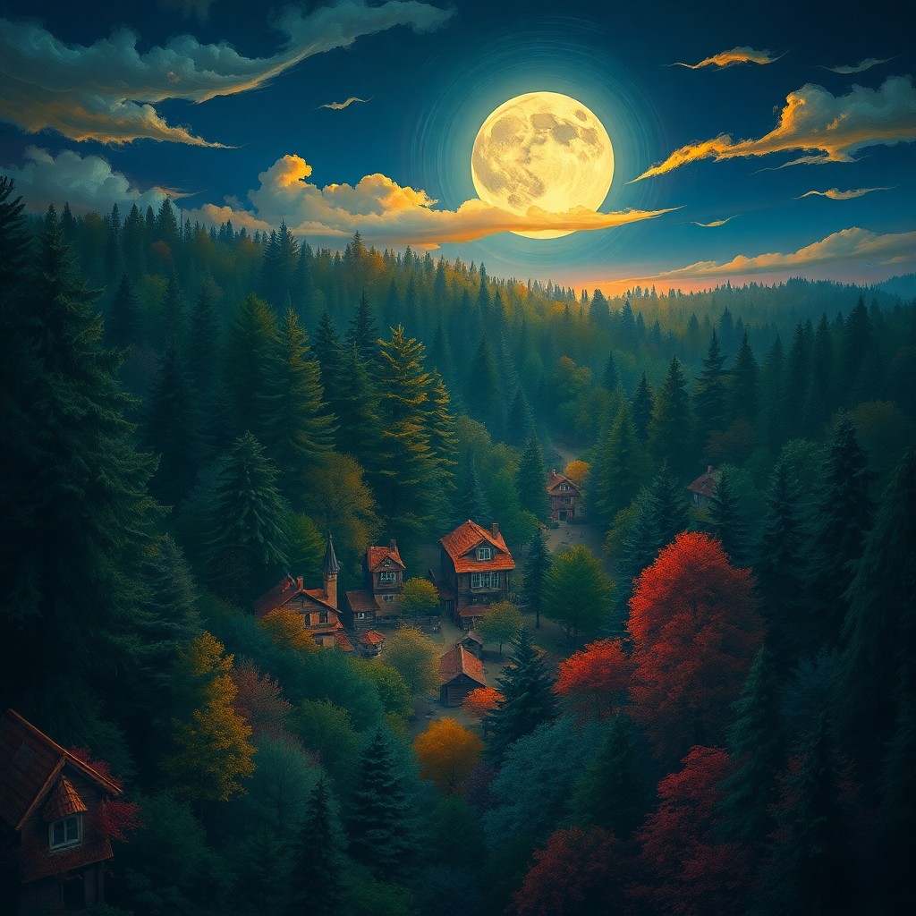 AI generated art for prompt: A dreamlike forest scene at twilight, captured from an elevated viewpoint, reveals a hidden village 