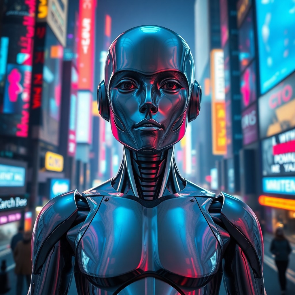 AI generated art for prompt: A portrait of an android with a calm expression stands in a futuristic cityscape, blending hyper-rea