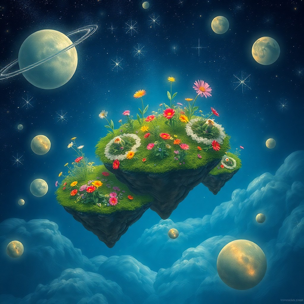 AI generated art for prompt: Envision an enchanting dreamscape where floating islands of vibrant flowers and whimsical plants coe