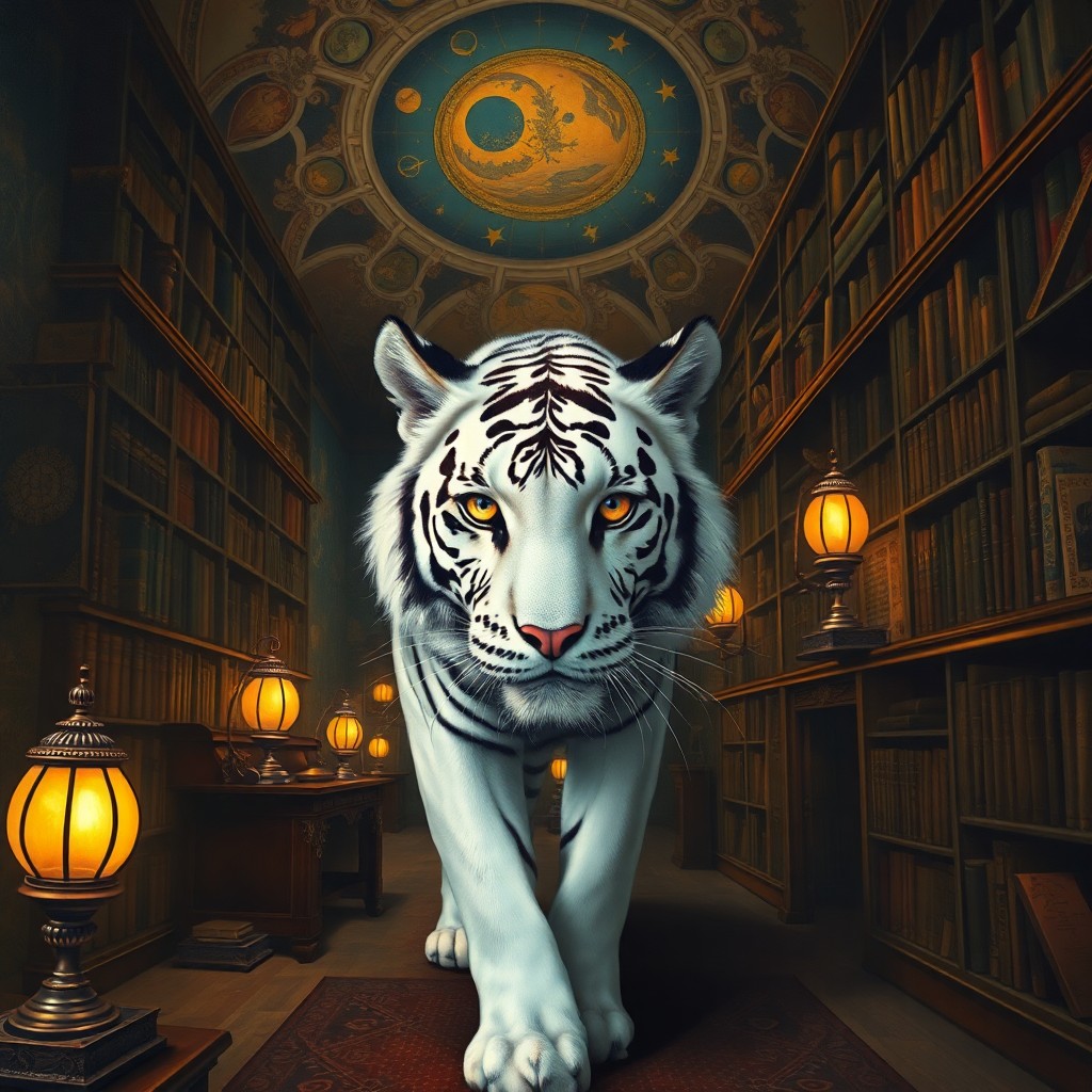 AI generated art for prompt: A surreal oil painting showcases a majestic white tiger wandering through an ancient, enigmatic libr