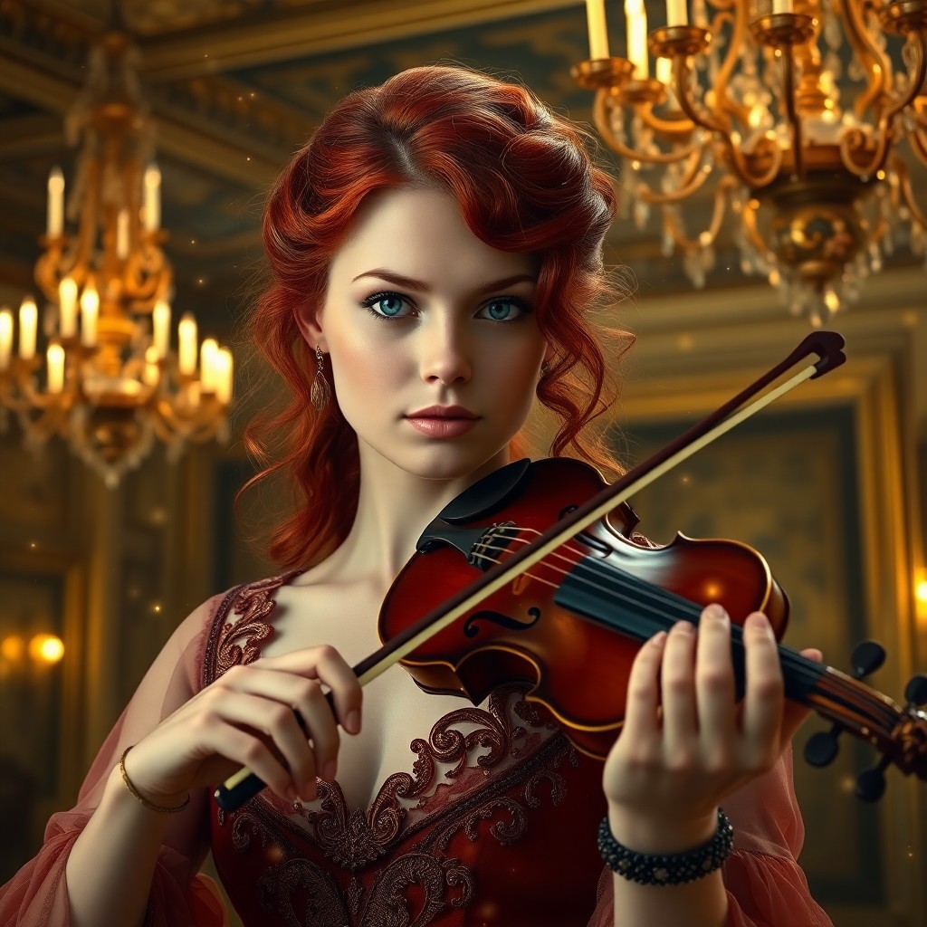 AI generated art for prompt: An enigmatic violinist with fiery red hair graces the foreground of an opulent 19th-century ballroom