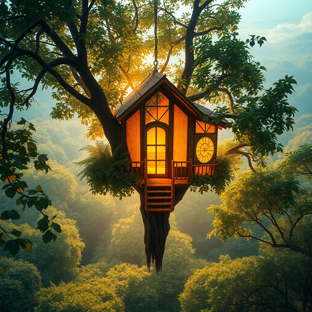 AI generated art for prompt: Imagine an enchanting landscape where a whimsical treehouse hangs suspended between reality and drea