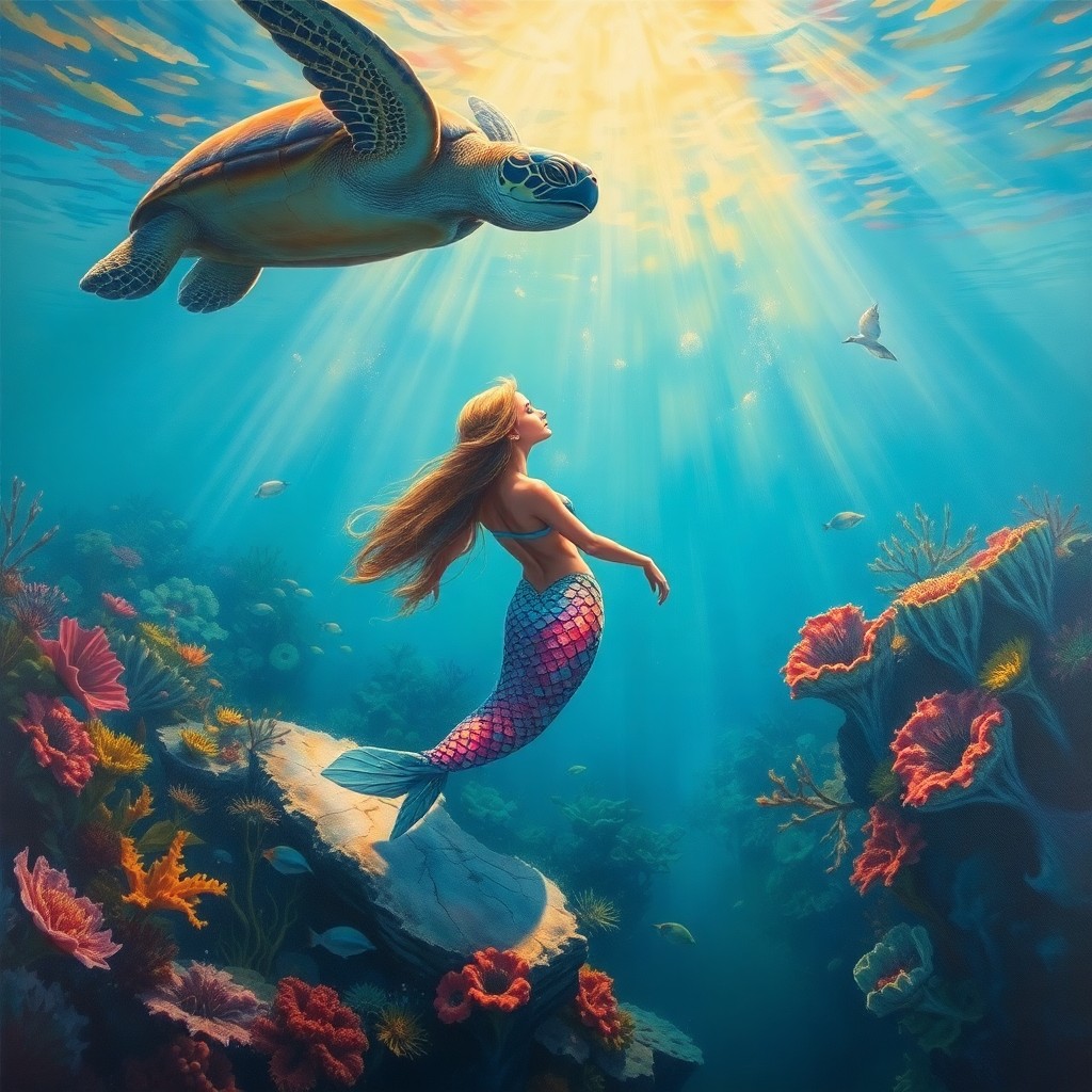 AI generated art for prompt: Imagine an enchanting oil painting capturing the essence of romanticism, portraying a mermaid gracef