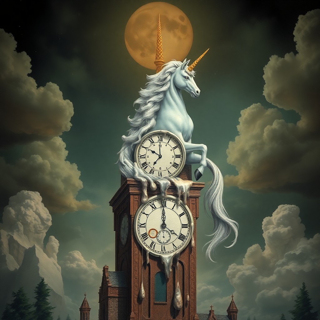 AI generated art for prompt: Craft an enigmatic portrait in the manner of surrealistic art, depicting a stately tower with a melt