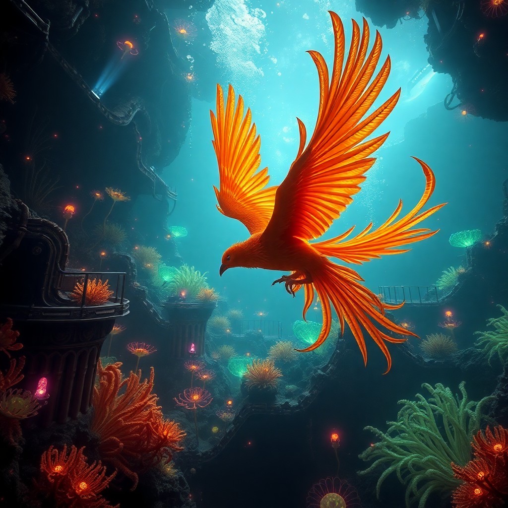 AI generated art for prompt: A surreal underwater scene featuring a majestic phoenix diving through vibrant bioluminescent flora 