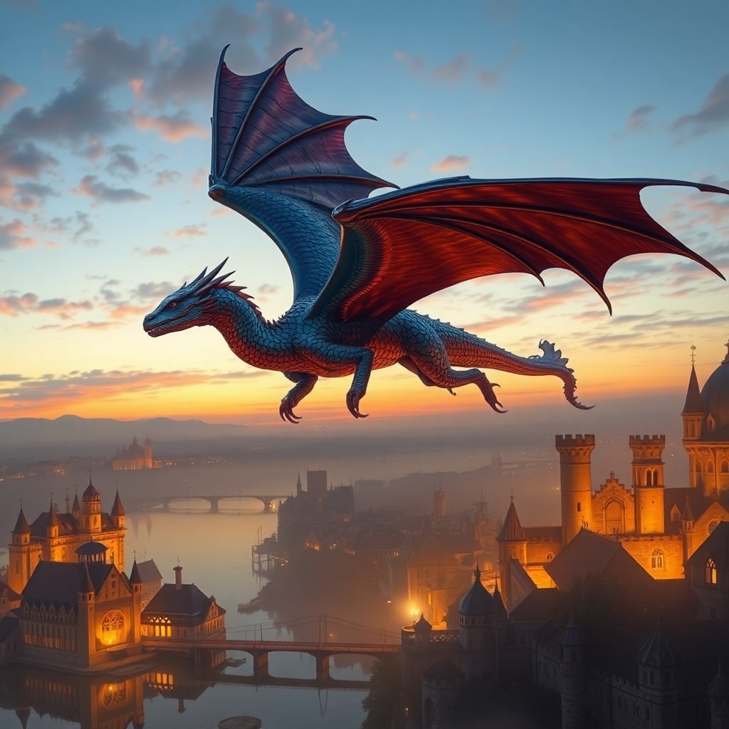 AI generated art for prompt: In this surreal landscape, a majestic dragon gracefully soars over a dreamlike cityscape at dusk, ev