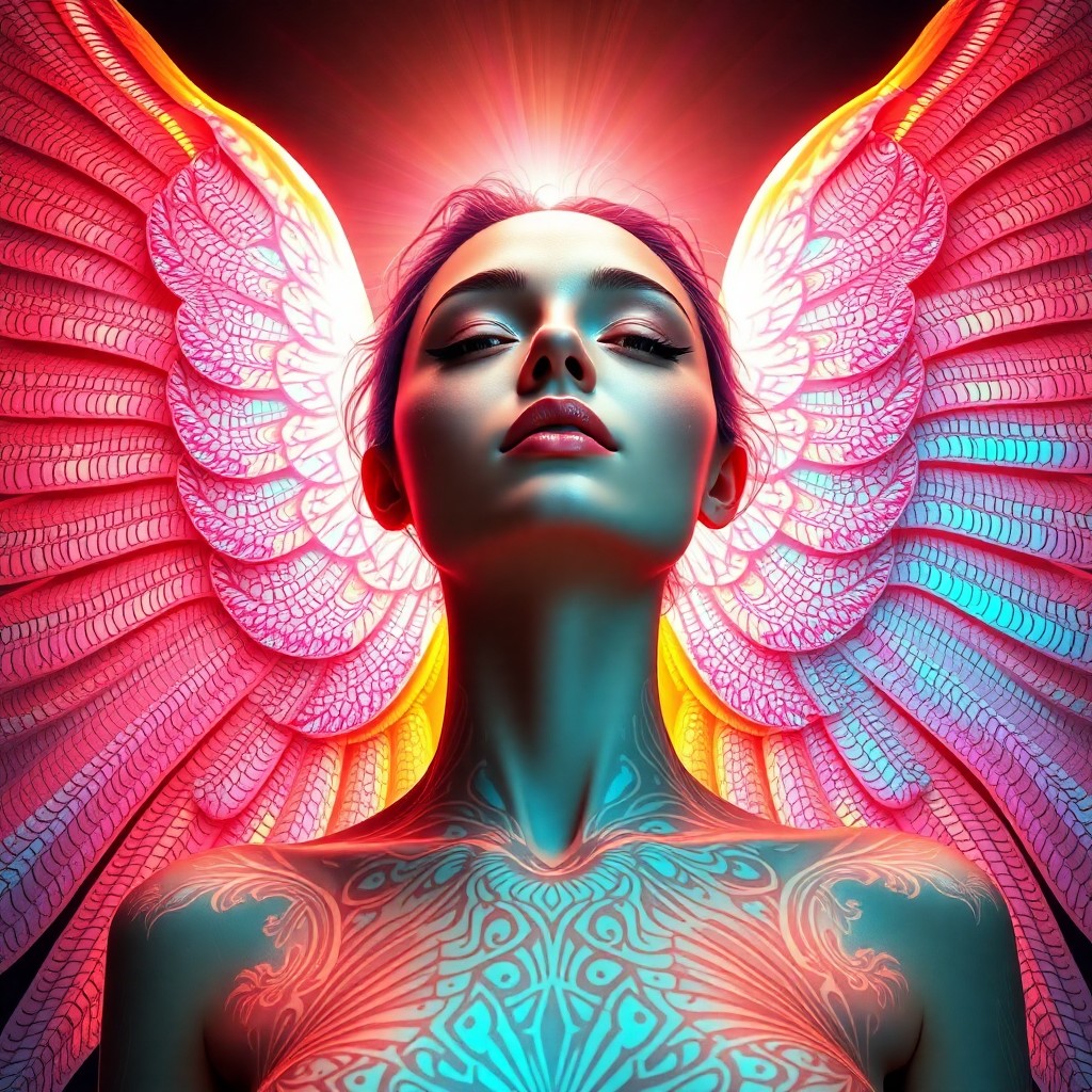 AI generated art for prompt: An ethereal digital art portrait depicting a celestial woman with iridescent wings unfurling from he