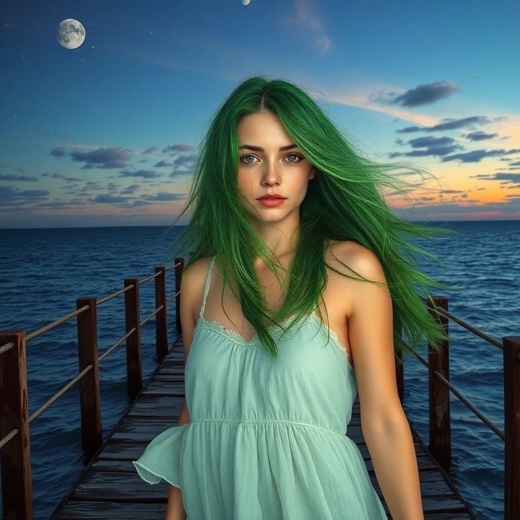 AI generated art for prompt: A captivating scene portrays a young woman with flowing, vibrant green hair, reminiscent of Pre-Raph