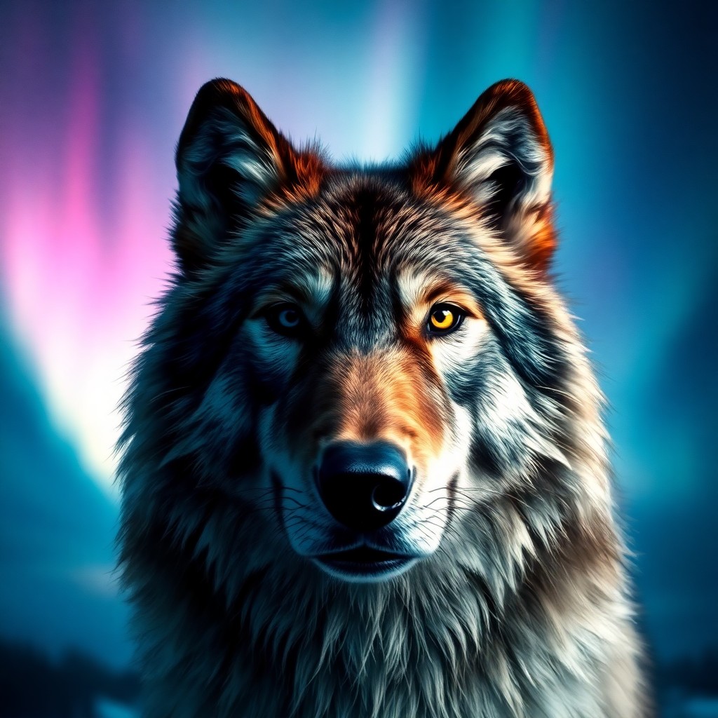 AI generated art for prompt: A portrait depicting an awe-inspiring wolf with fur shimmering like iridescence under the dancing au