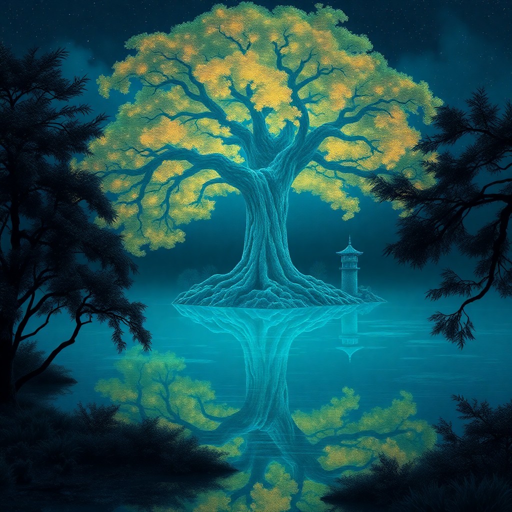 AI generated art for prompt: Create an otherworldly landscape featuring a grand tree with glowing foliage illuminating a calm lak