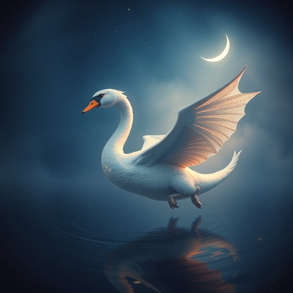 AI generated art for prompt: A dreamy nocturnal scene, reminiscent of Impressionist techniques, depicts an enigmatic creature ris