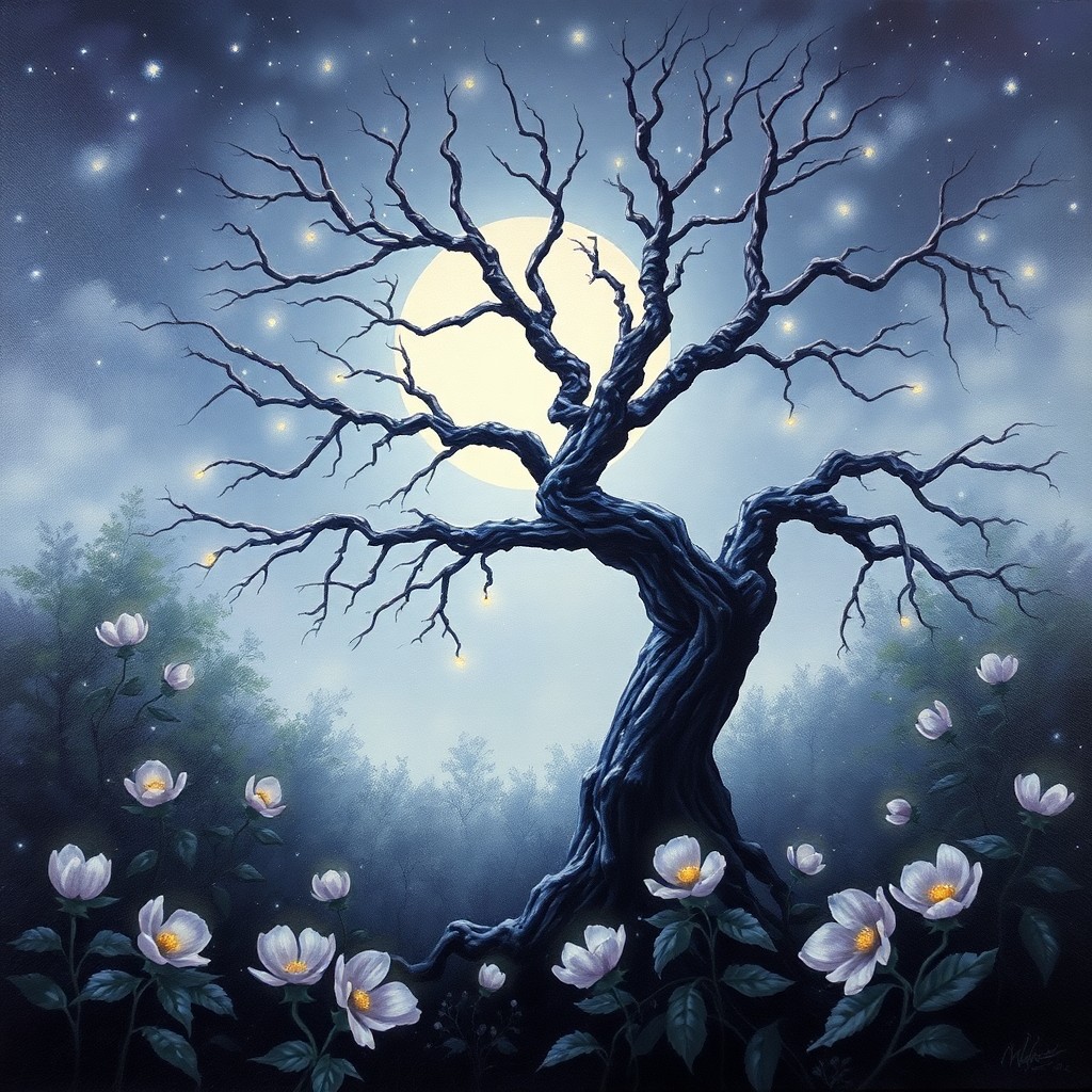 AI generated art for prompt: A mesmerizing oil painting captures a tranquil yet enigmatic moment within a moonlit forest. From an