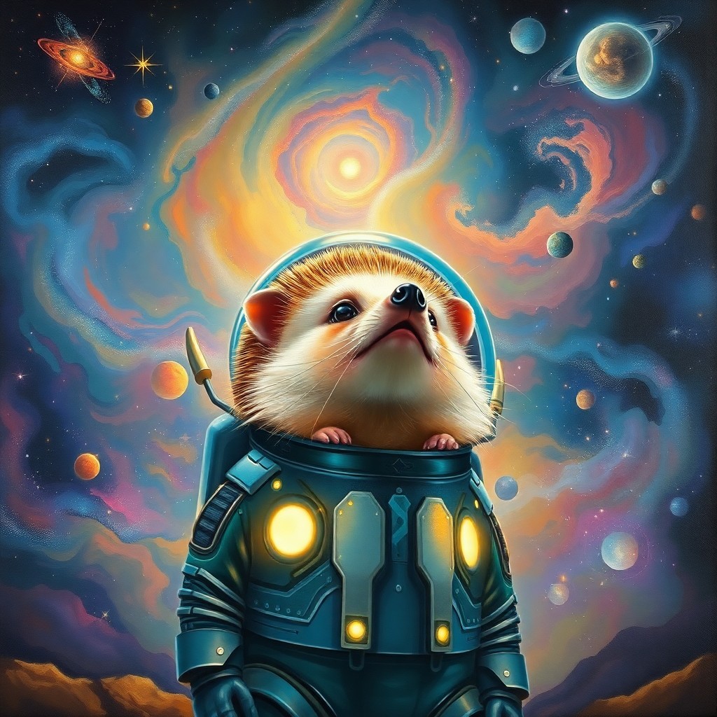 AI generated art for prompt: A dreamlike oil painting showcases a small, inquisitive hedgehog adorned in a high-tech spacesuit wi