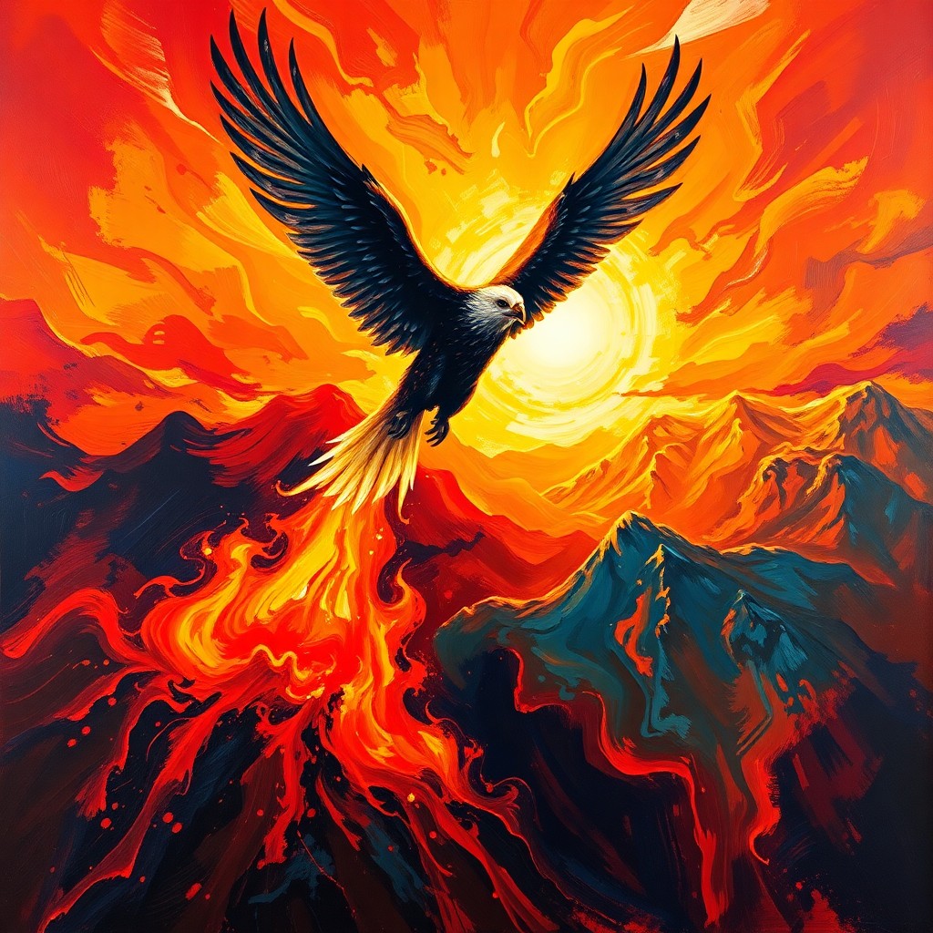 AI generated art for prompt: A majestic bird rises from the flames in an impressionistic oil painting style characterized by bold