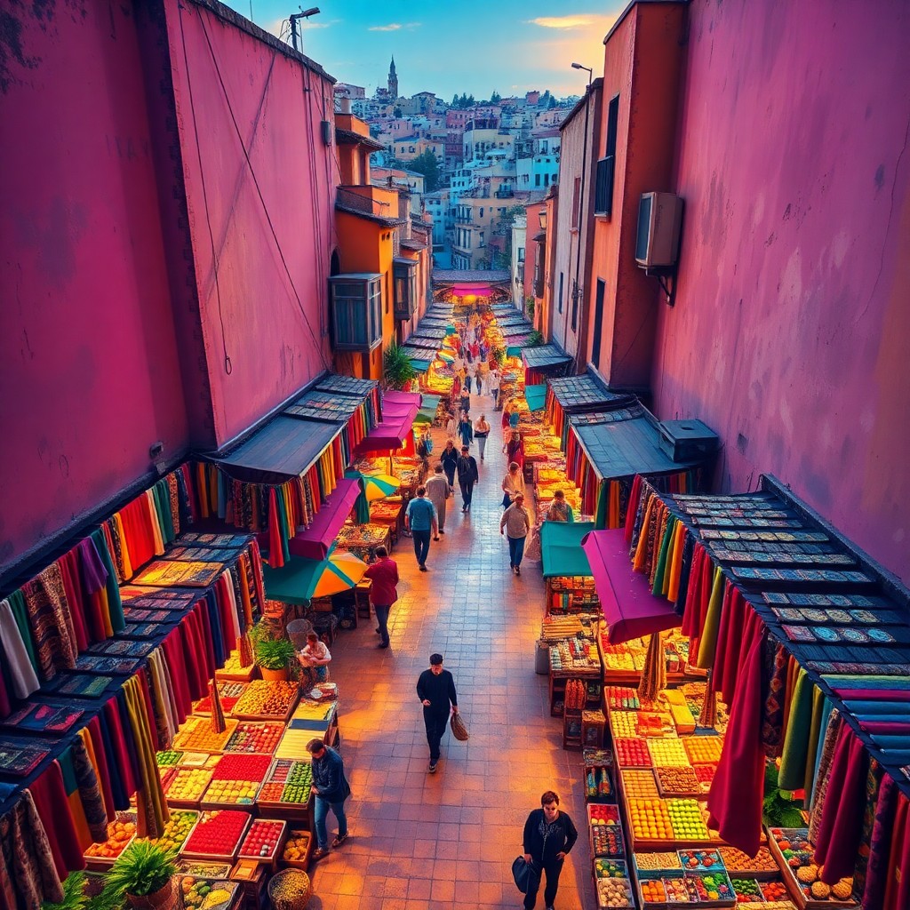 AI generated art for prompt: Imagine an enchanting Moroccan street market at dusk, where a tapestry of vibrant stalls comes alive