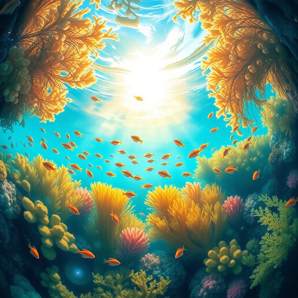 AI generated art for prompt: Envision an idyllic underwater scene reminiscent of Monet's classic watercolor techniques, viewed fr