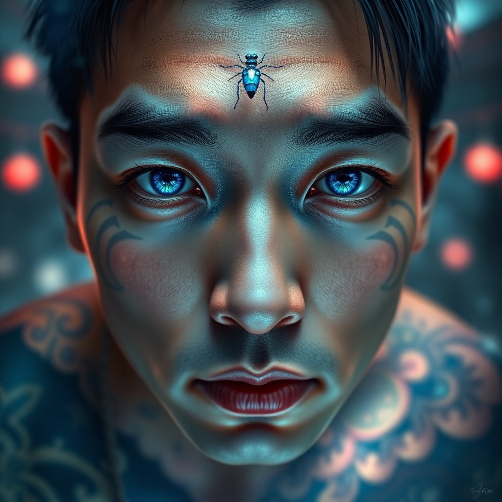 AI generated art for prompt: A digital art portrait in an intricate, ethereal style depicts a Korean man with mesmerizing blue ey