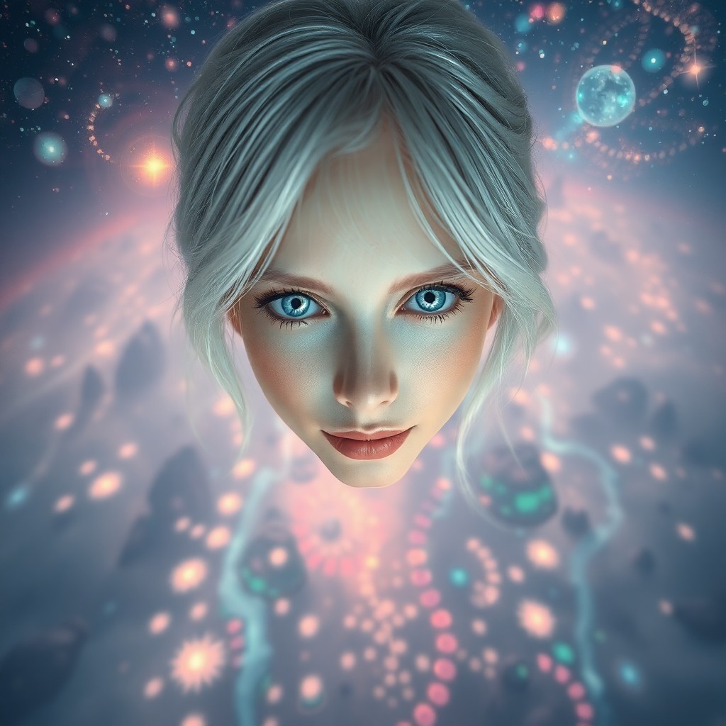 AI generated art for prompt: A captivating digital art portrait showcases an enigmatic young woman with shimmering silver hair, h