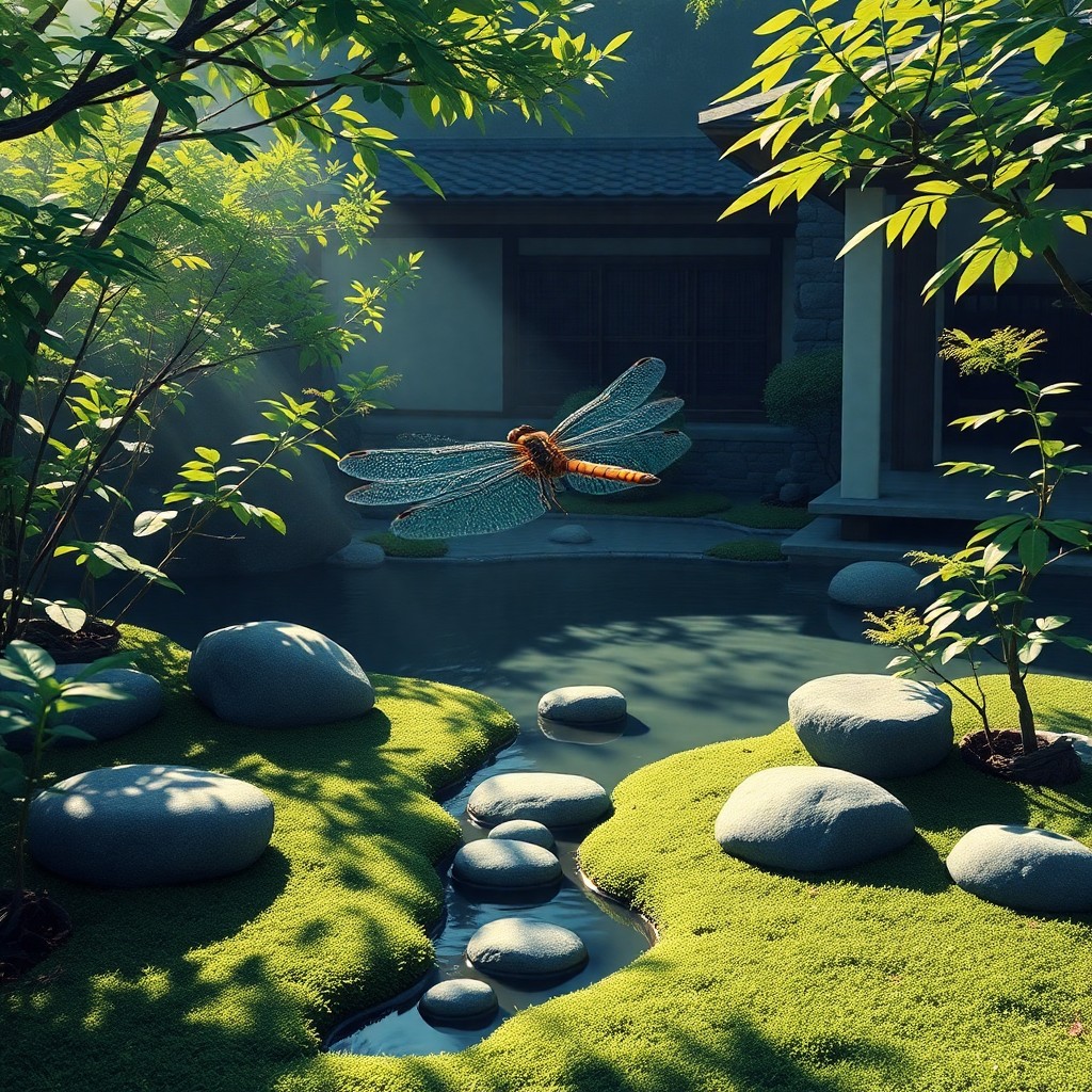 AI generated art for prompt: Envision a tranquil Japanese Zen garden bathed in soft morning light, observed through the mesmerizi