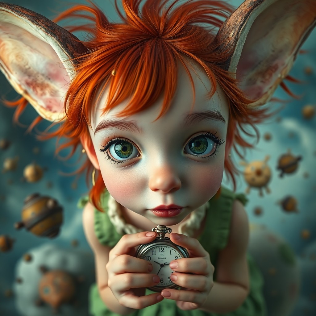 AI generated art for prompt: A whimsical portrait capturing a close-up 'bug's-eye view' of a mischievous young girl with wild red