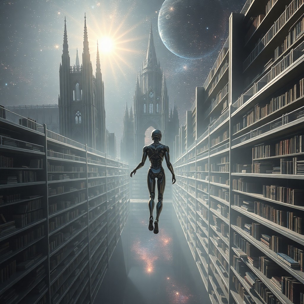 AI generated art for prompt: A surreal digital artwork depicting an expansive celestial library floating in a cosmic void from an