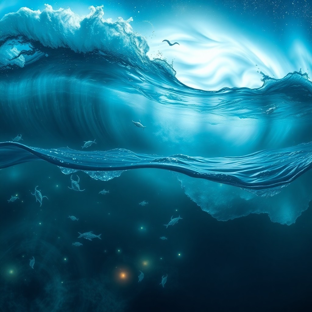 AI generated art for prompt: Imagine an ethereal underwater panorama, where powerful waves reminiscent of mountain ranges create 