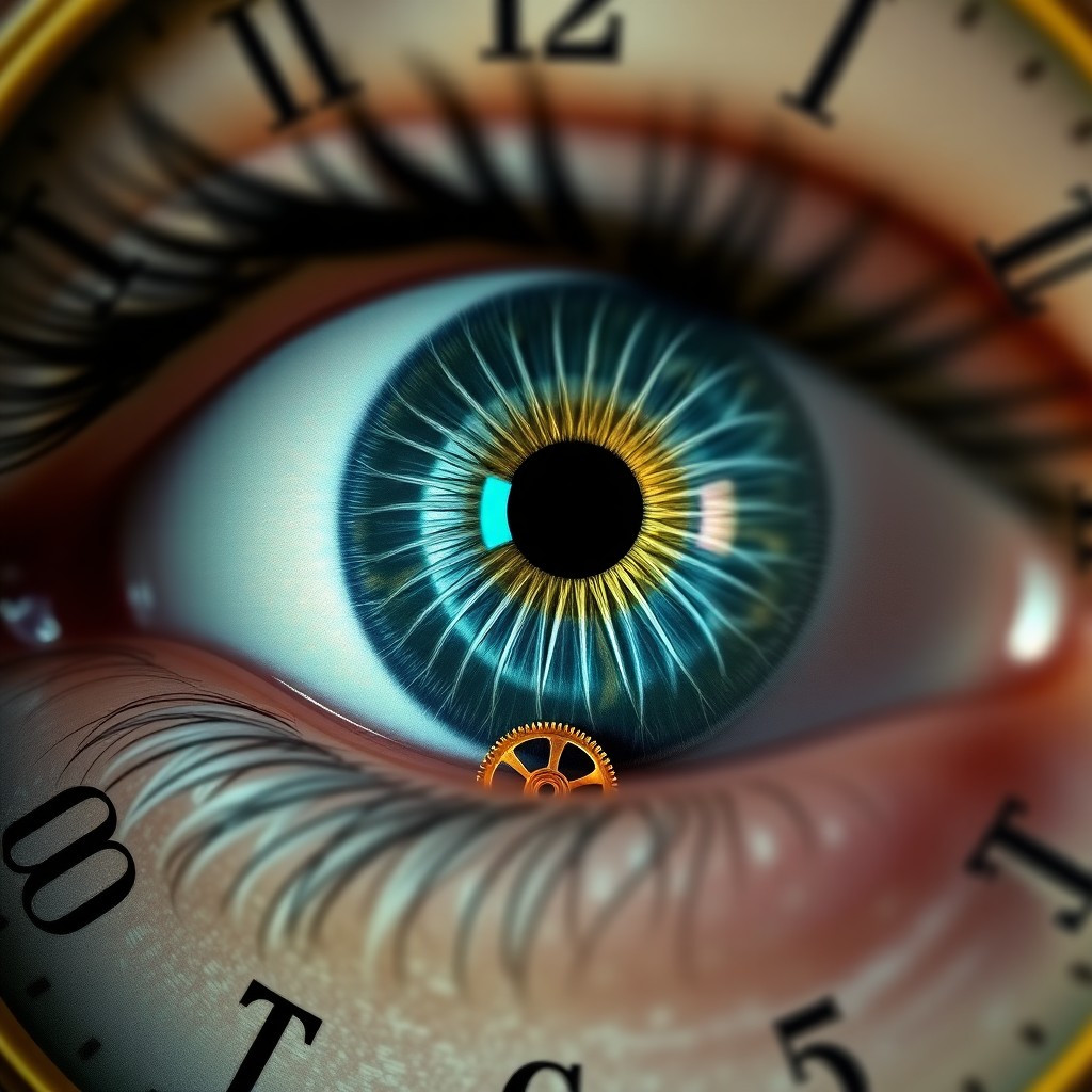 AI generated art for prompt: Craft an image that embodies surrealism, capturing a close-up of a human eye encircled by a clock fa