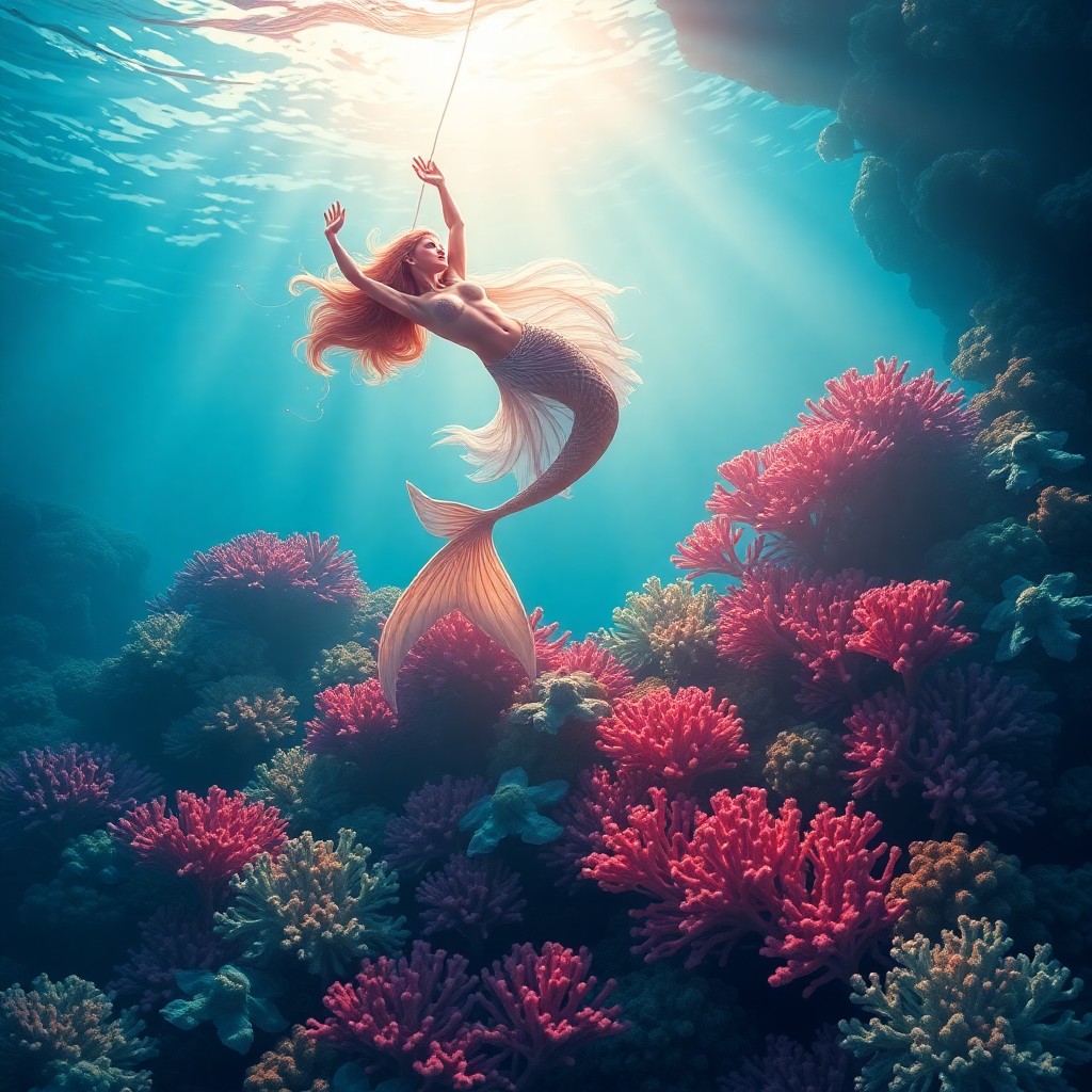 AI generated art for prompt: Create an imaginative digital artwork portraying a mesmerizing mermaid gracefully suspended over a t