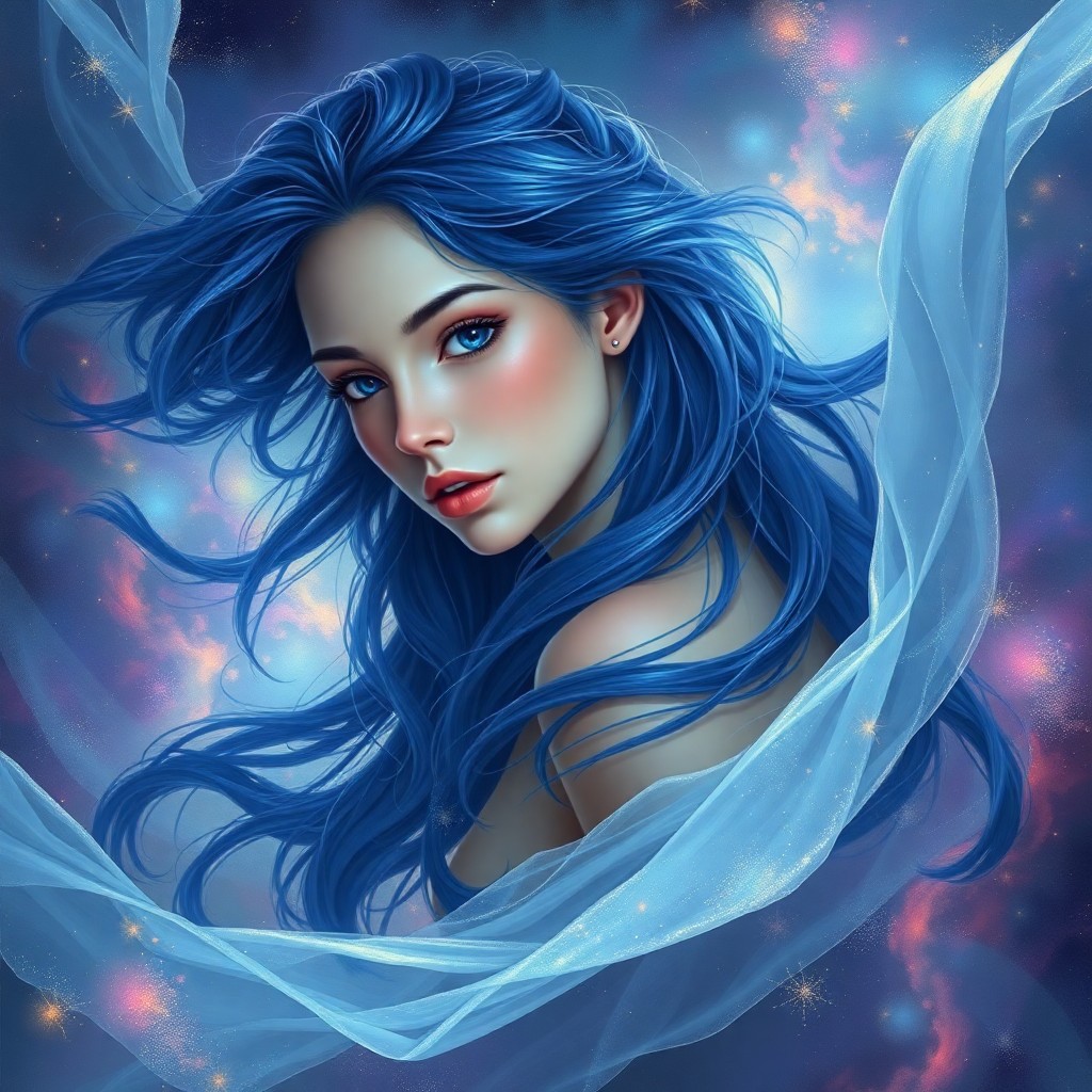 AI generated art for prompt: A mesmerizing digital painting depicting a celestial enchantress with flowing indigo locks, reminisc